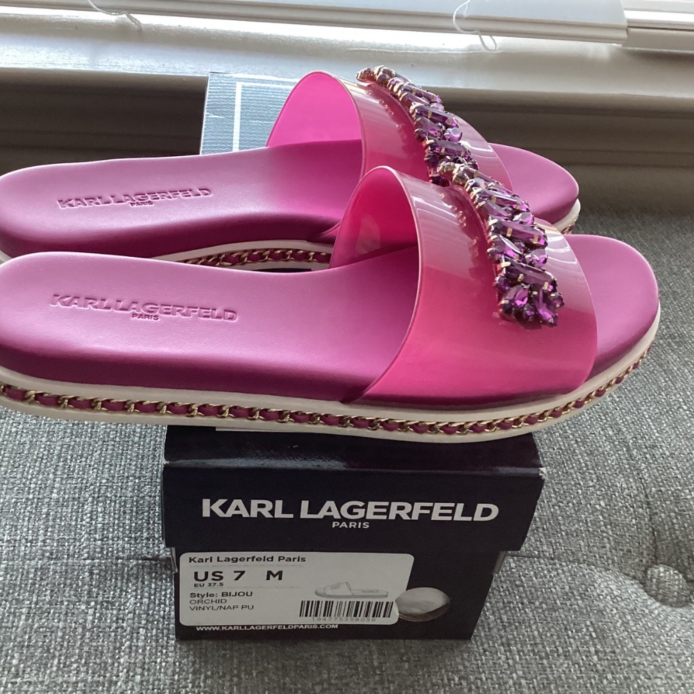 KARL LAGERFELD PARIS Women's Bijou Embellished Slide Sandals, size 7 - Picture 8 of 13